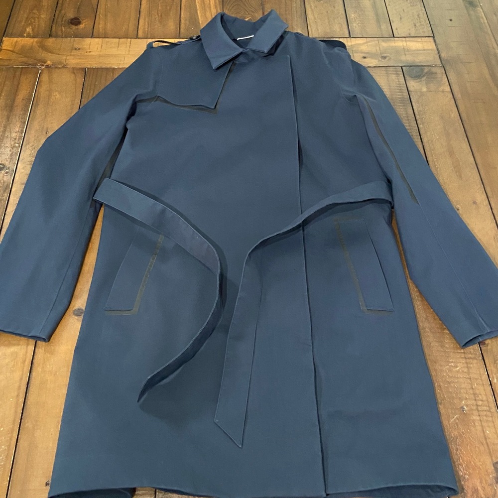Aether Apparel Navy Blue Technical Trench Coat Waterproof Belted Jacket Mens L